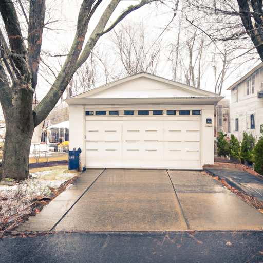 Suburban Ridgewood house with a modern steel garage door, light snow on the driveway and tree-lined street
