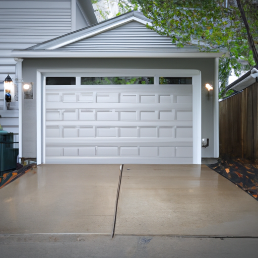 Suburban Ridgewood driveway with a closed modern sectional garage door and visible tracks, afternoon light.