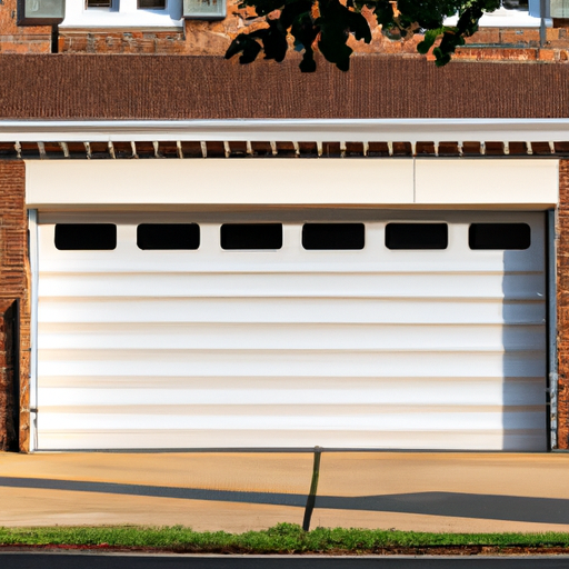 Suburban Ridgewood garage exterior showing a sectional door, tracks, and opener rail in soft afternoon light.