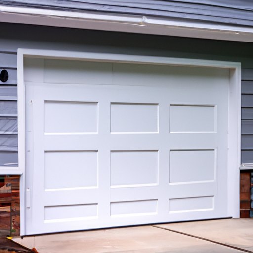 New insulated garage door on a suburban Ridgewood, NJ home, angled view showing door panels and hardware.