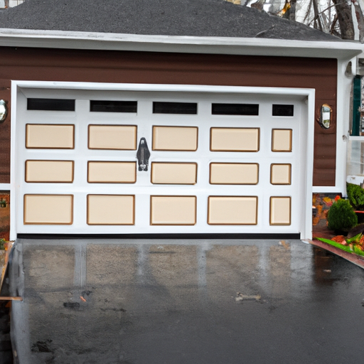 Insulated garage door with weather seal and threshold on a Ridgewood, NJ driveway after rain.