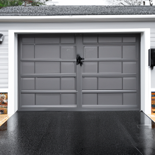 Suburban Ridgewood garage door after rain showing seals, threshold, and a wall-mounted smart opener box.