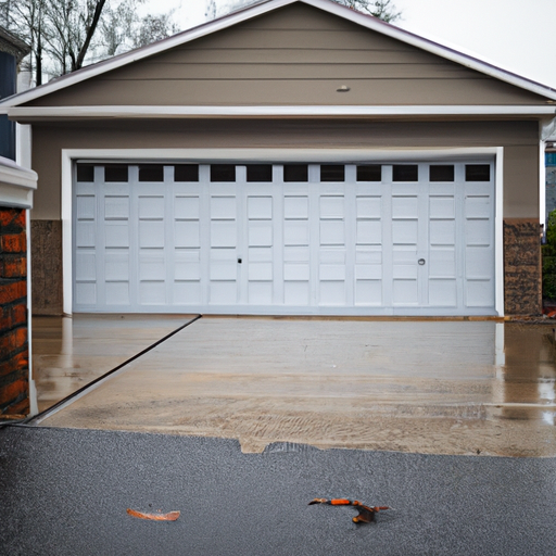 Sectional garage door on a Ridgewood, NJ suburban home after light rain, driveway visible, no people.