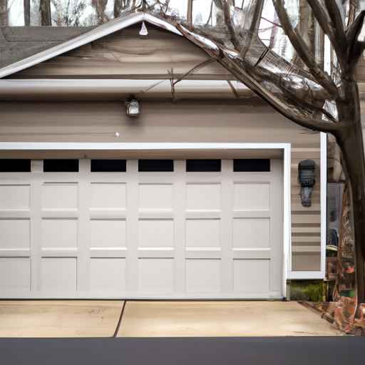 Suburban Ridgewood driveway and modern paneled garage door with visible hardware and weather seal, no people.