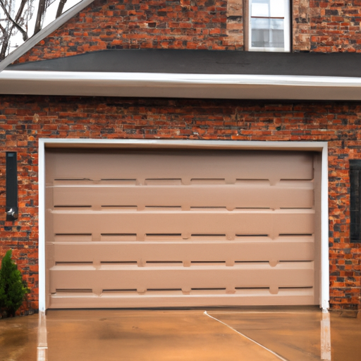 Suburban Ridgewood home with a closed modern sectional garage door, wet driveway and brick facade, natural daylight.