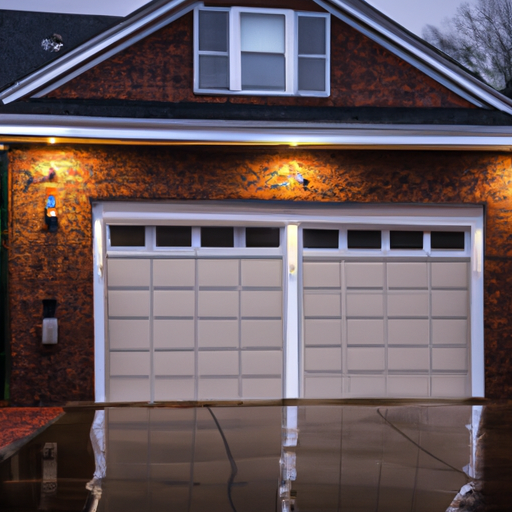 Two-story brick home in Ridgewood with a visible sectional garage door and wet driveway at dusk.