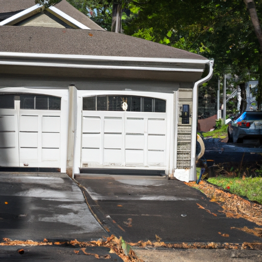Suburban Ridgewood driveway with a two-car garage door partially open, hardware and tracks visible, daylight.