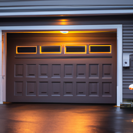 Ridgewood NJ suburban garage at dusk with a modern sectional door open, opener motorhead and sensors visible