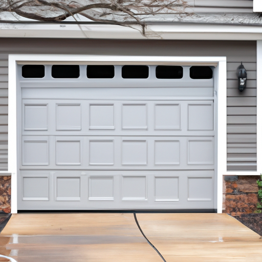 Suburban Ridgewood house with a closed modern steel garage door on a wet spring day, no people.