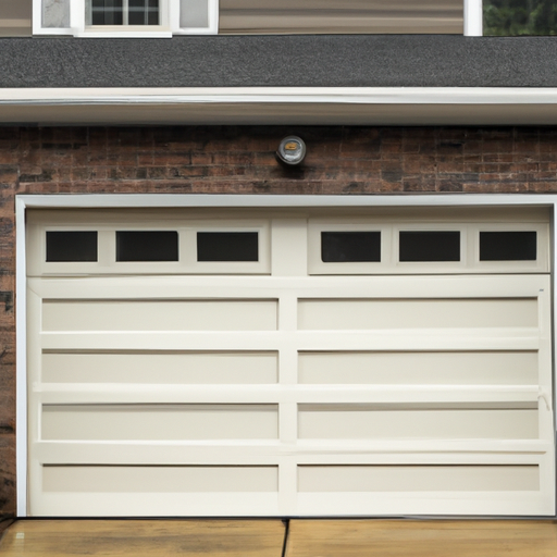 Residential garage door closed on a Ridgewood, NJ home showing panels, tracks, and driveway under soft overcast light.
