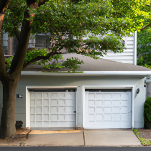 Detached two-car garage with a sectional door on a Ridgewood, NJ residential street at morning light; garage door visible with surrounding landscaping.