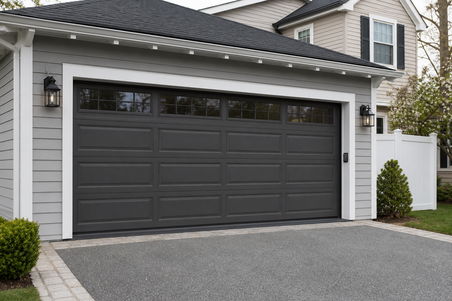 Modern garage door on a suburban home in Ridgewood, NJ with smart access features visible