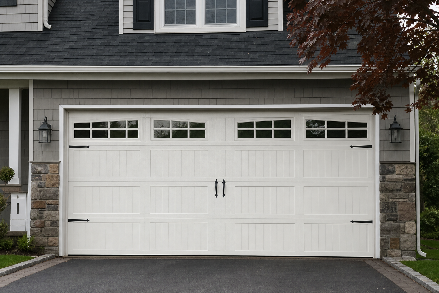 Suburban garage door on a Ridgewood, NJ home exterior in daylight